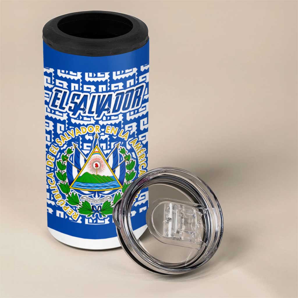 El Salvador Tribal Pattern 4 in 1 Can Cooler Tumbler with National Coat of Arms and Blue White Theme - Wonder Print Shop