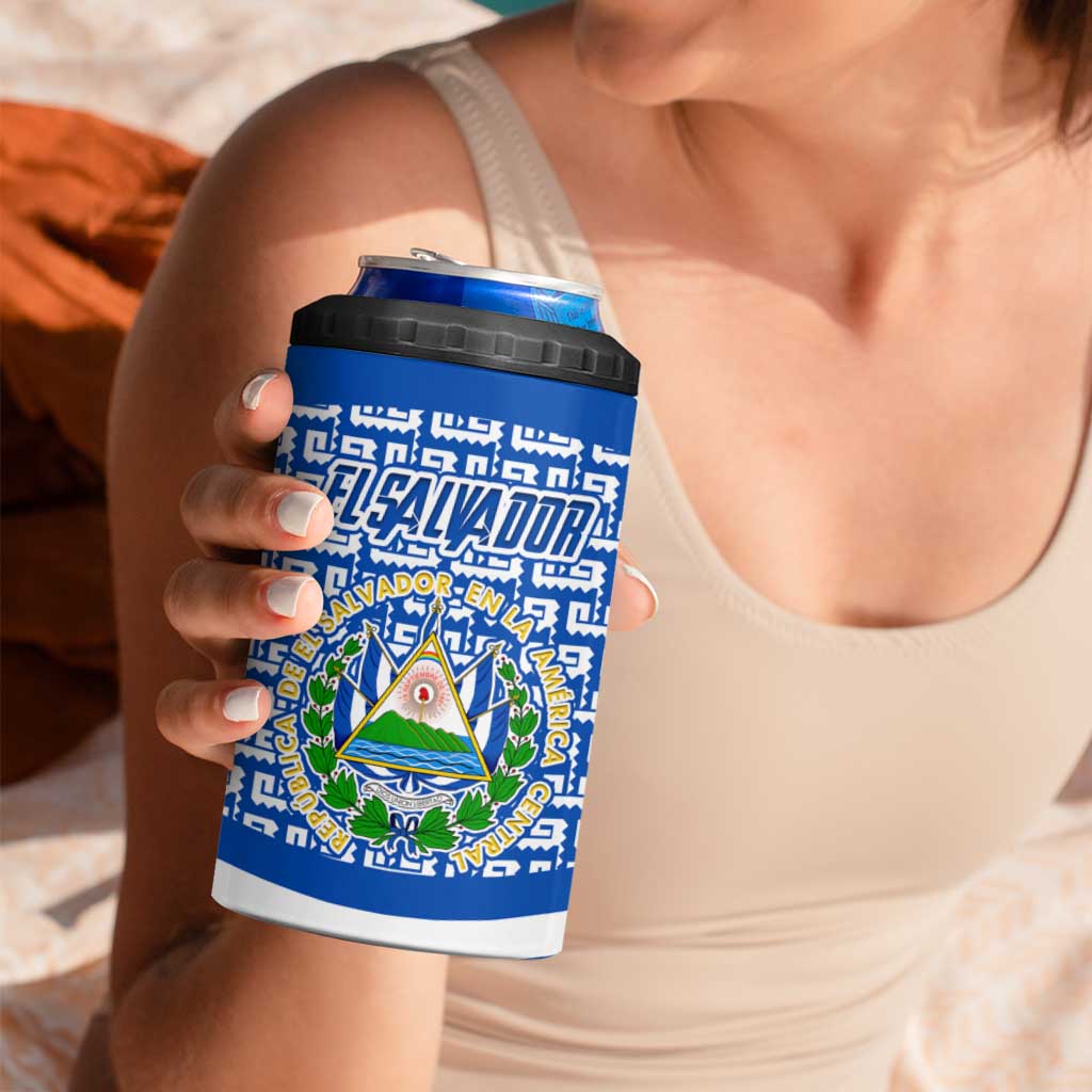 El Salvador Tribal Pattern 4 in 1 Can Cooler Tumbler with National Coat of Arms and Blue White Theme - Wonder Print Shop