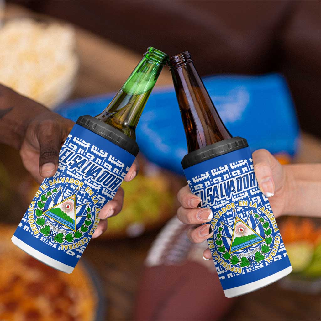El Salvador Tribal Pattern 4 in 1 Can Cooler Tumbler with National Coat of Arms and Blue White Theme - Wonder Print Shop