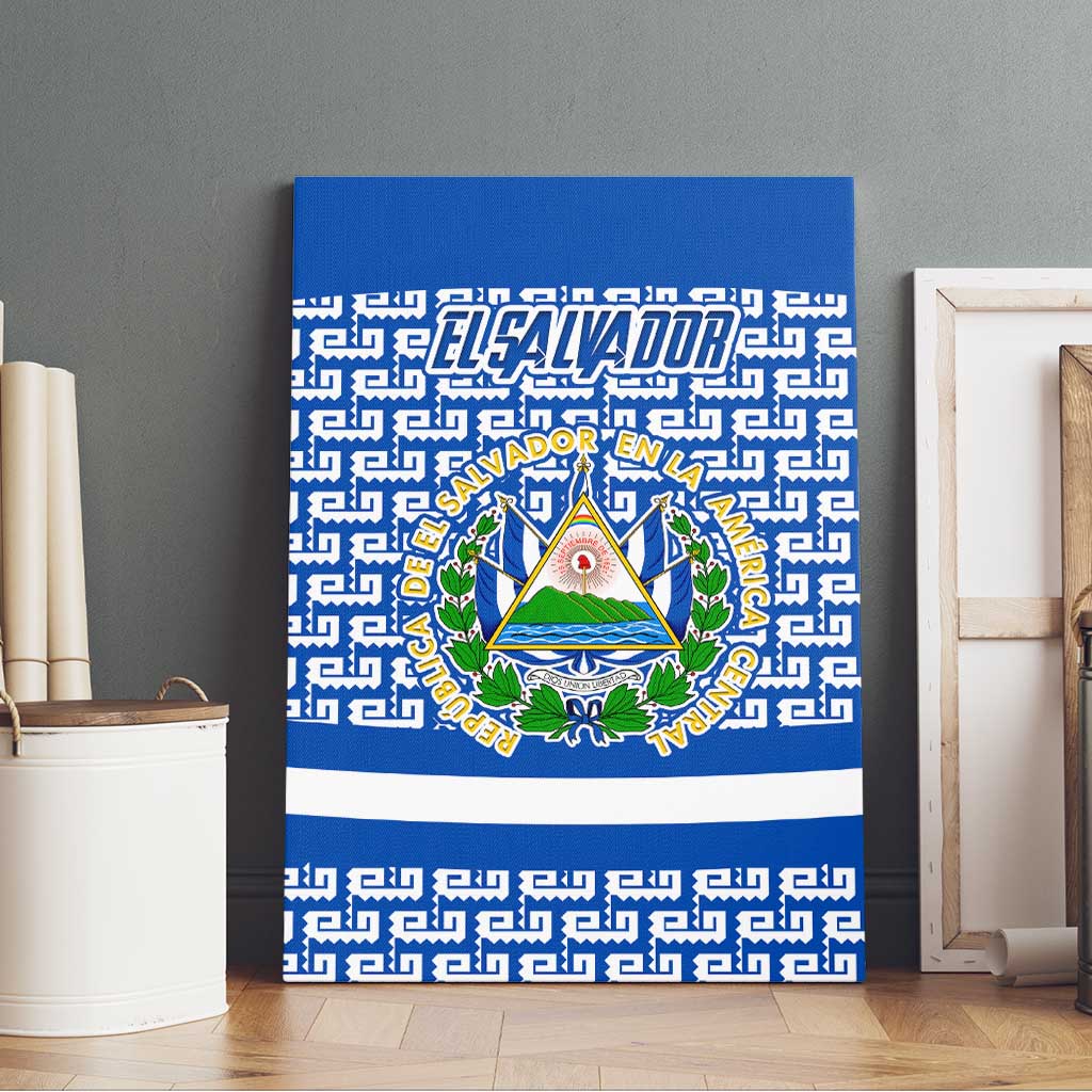 El Salvador Tribal Pattern Canvas Wall Art with National Coat of Arms and Blue White Theme - Wonder Print Shop
