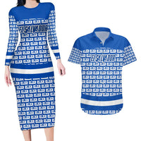 El Salvador Tribal Pattern Couples Matching Long Sleeve Bodycon Dress and Hawaiian Shirt with National Coat of Arms and Blue White Theme - Wonder Print Shop