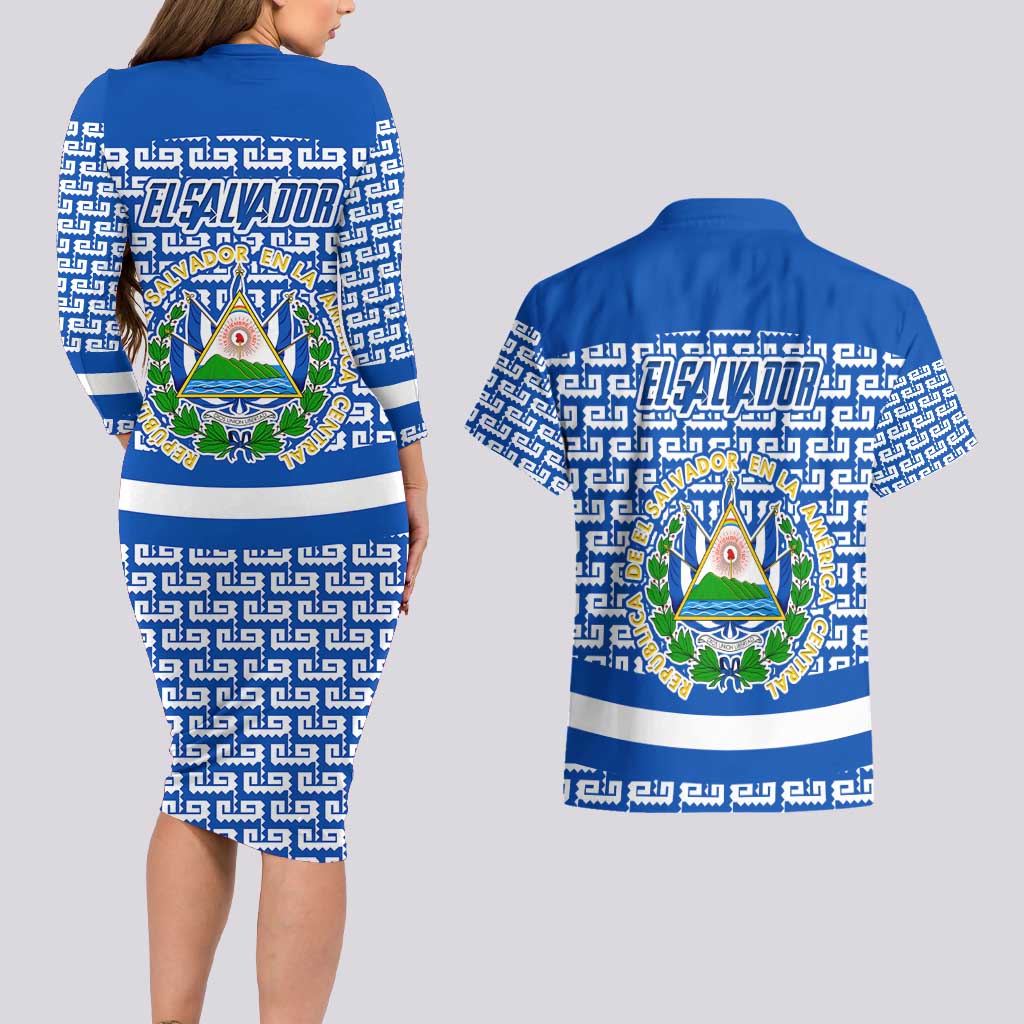 El Salvador Tribal Pattern Couples Matching Long Sleeve Bodycon Dress and Hawaiian Shirt with National Coat of Arms and Blue White Theme - Wonder Print Shop
