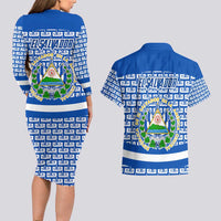 El Salvador Tribal Pattern Couples Matching Long Sleeve Bodycon Dress and Hawaiian Shirt with National Coat of Arms and Blue White Theme - Wonder Print Shop