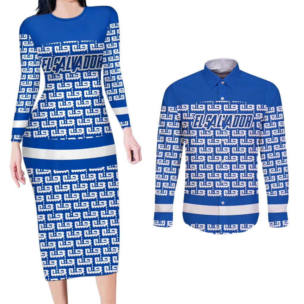 El Salvador Tribal Pattern Couples Matching Long Sleeve Bodycon Dress and Long Sleeve Button Shirt with National Coat of Arms and Blue White Theme - Wonder Print Shop