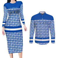 El Salvador Tribal Pattern Couples Matching Long Sleeve Bodycon Dress and Long Sleeve Button Shirt with National Coat of Arms and Blue White Theme - Wonder Print Shop