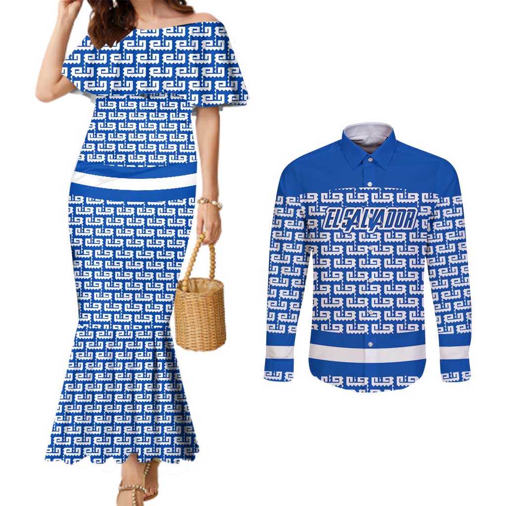 El Salvador Tribal Pattern Couples Matching Mermaid Dress and Long Sleeve Button Shirt with National Coat of Arms and Blue White Theme - Wonder Print Shop