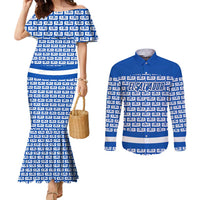 El Salvador Tribal Pattern Couples Matching Mermaid Dress and Long Sleeve Button Shirt with National Coat of Arms and Blue White Theme - Wonder Print Shop
