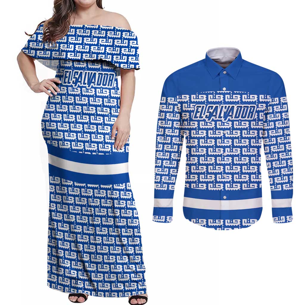 El Salvador Tribal Pattern Couples Matching Off Shoulder Maxi Dress and Long Sleeve Button Shirt with National Coat of Arms and Blue White Theme - Wonder Print Shop