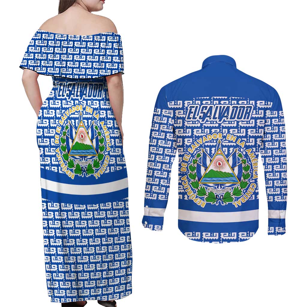 El Salvador Tribal Pattern Couples Matching Off Shoulder Maxi Dress and Long Sleeve Button Shirt with National Coat of Arms and Blue White Theme - Wonder Print Shop