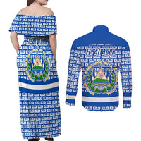El Salvador Tribal Pattern Couples Matching Off Shoulder Maxi Dress and Long Sleeve Button Shirt with National Coat of Arms and Blue White Theme - Wonder Print Shop