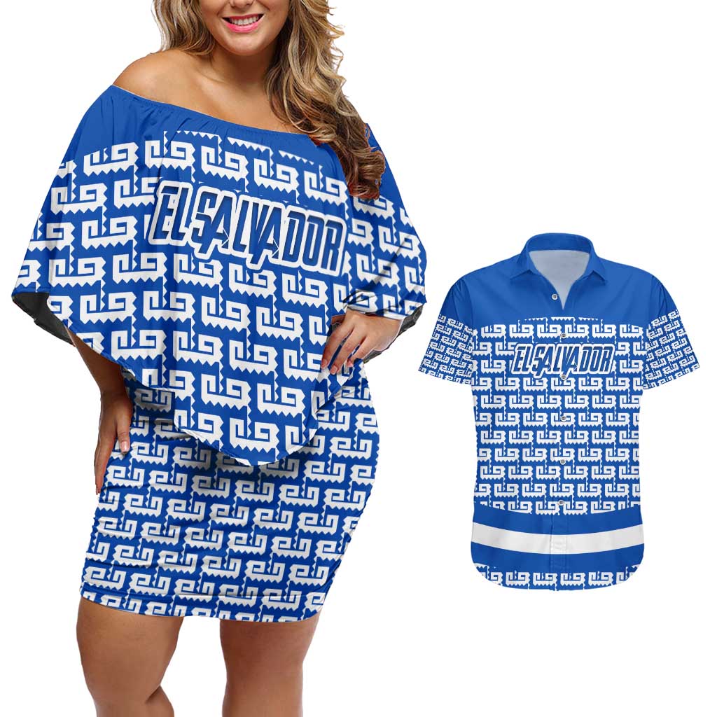 El Salvador Tribal Pattern Couples Matching Off Shoulder Short Dress and Hawaiian Shirt with National Coat of Arms and Blue White Theme - Wonder Print Shop