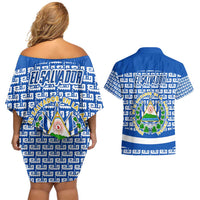 El Salvador Tribal Pattern Couples Matching Off Shoulder Short Dress and Hawaiian Shirt with National Coat of Arms and Blue White Theme - Wonder Print Shop