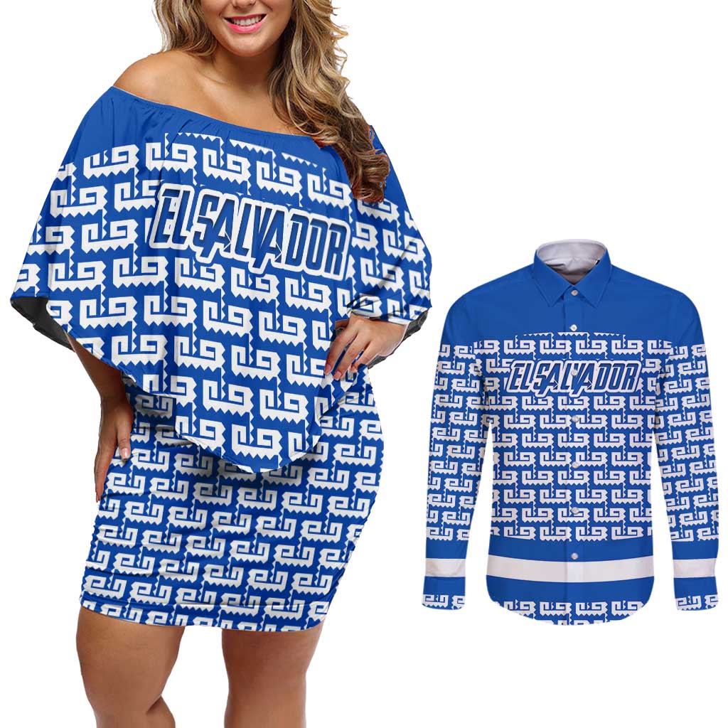 El Salvador Tribal Pattern Couples Matching Off Shoulder Short Dress and Long Sleeve Button Shirt with National Coat of Arms and Blue White Theme - Wonder Print Shop