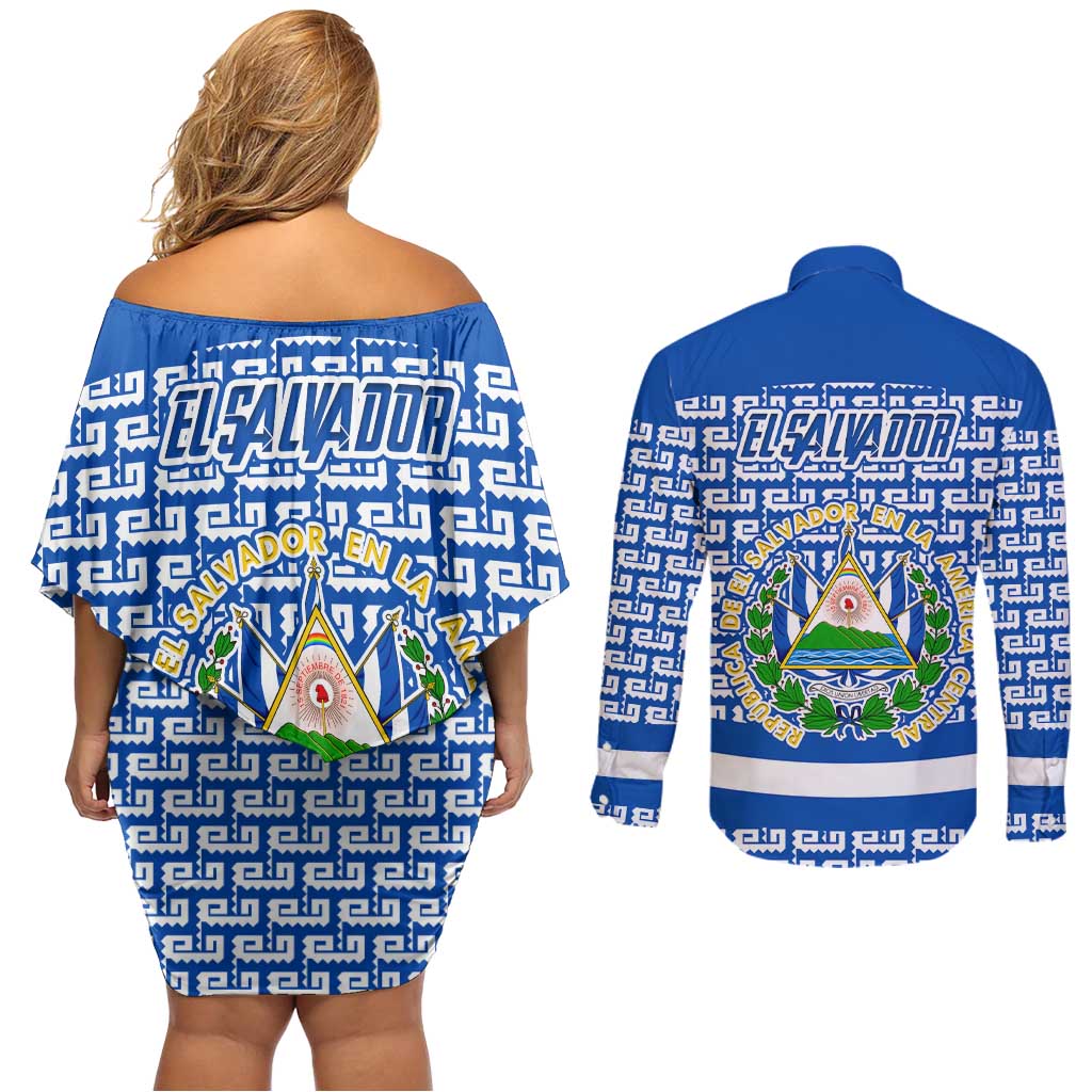 El Salvador Tribal Pattern Couples Matching Off Shoulder Short Dress and Long Sleeve Button Shirt with National Coat of Arms and Blue White Theme - Wonder Print Shop
