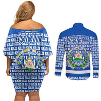El Salvador Tribal Pattern Couples Matching Off Shoulder Short Dress and Long Sleeve Button Shirt with National Coat of Arms and Blue White Theme - Wonder Print Shop
