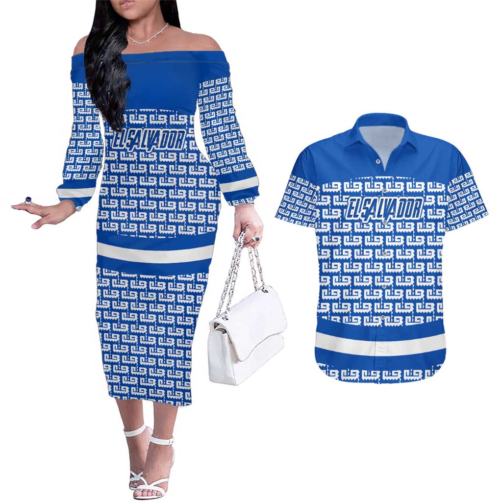 El Salvador Tribal Pattern Couples Matching Off The Shoulder Long Sleeve Dress and Hawaiian Shirt with National Coat of Arms and Blue White Theme - Wonder Print Shop