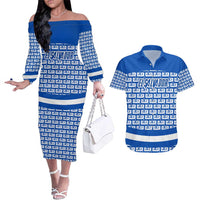 El Salvador Tribal Pattern Couples Matching Off The Shoulder Long Sleeve Dress and Hawaiian Shirt with National Coat of Arms and Blue White Theme - Wonder Print Shop