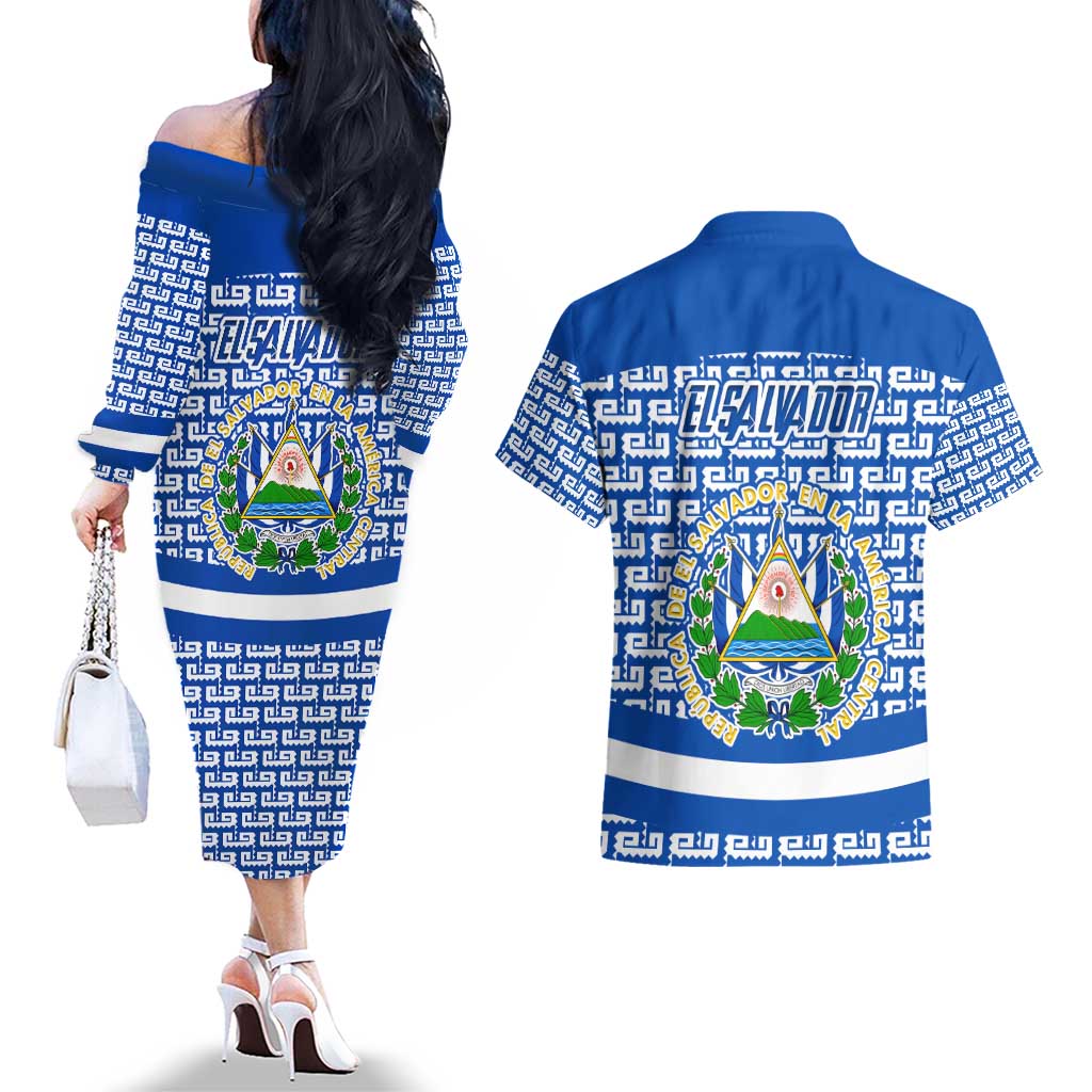 El Salvador Tribal Pattern Couples Matching Off The Shoulder Long Sleeve Dress and Hawaiian Shirt with National Coat of Arms and Blue White Theme - Wonder Print Shop