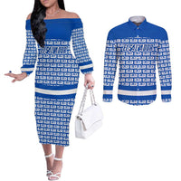 El Salvador Tribal Pattern Couples Matching Off The Shoulder Long Sleeve Dress and Long Sleeve Button Shirt with National Coat of Arms and Blue White Theme - Wonder Print Shop