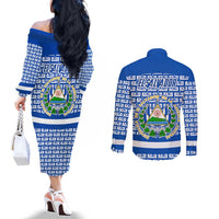 El Salvador Tribal Pattern Couples Matching Off The Shoulder Long Sleeve Dress and Long Sleeve Button Shirt with National Coat of Arms and Blue White Theme - Wonder Print Shop