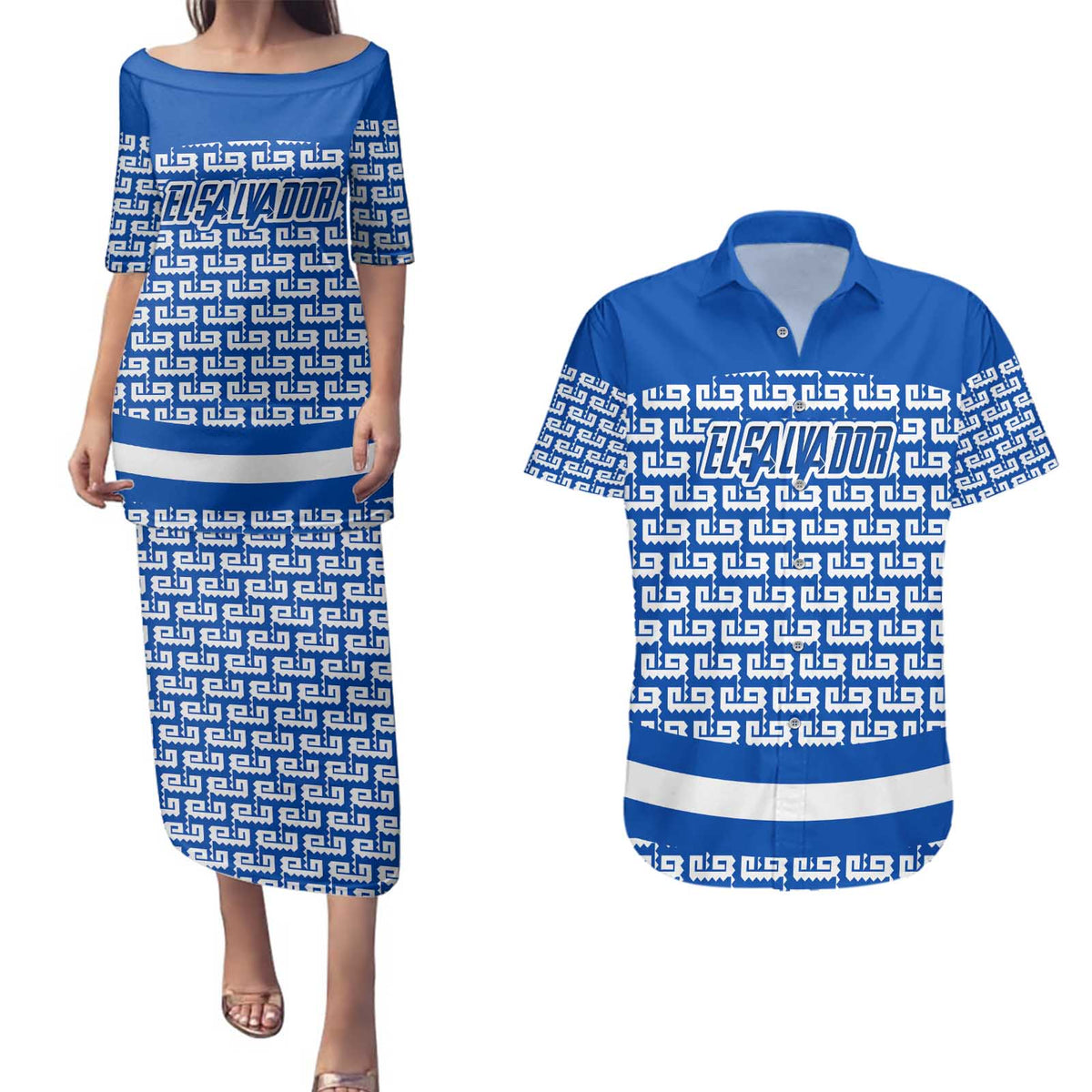 El Salvador Tribal Pattern Couples Matching Puletasi and Hawaiian Shirt with National Coat of Arms and Blue White Theme - Wonder Print Shop