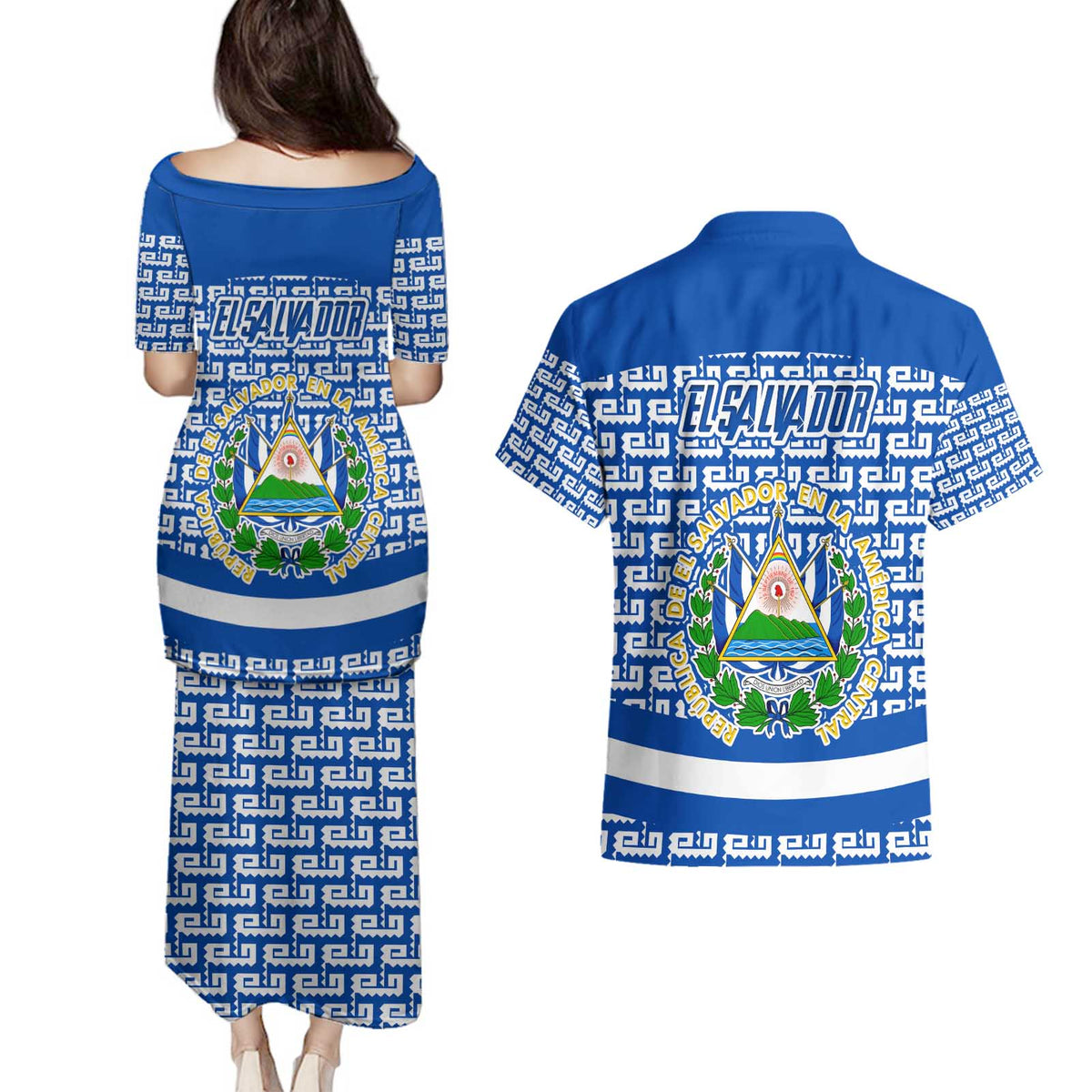 El Salvador Tribal Pattern Couples Matching Puletasi and Hawaiian Shirt with National Coat of Arms and Blue White Theme - Wonder Print Shop