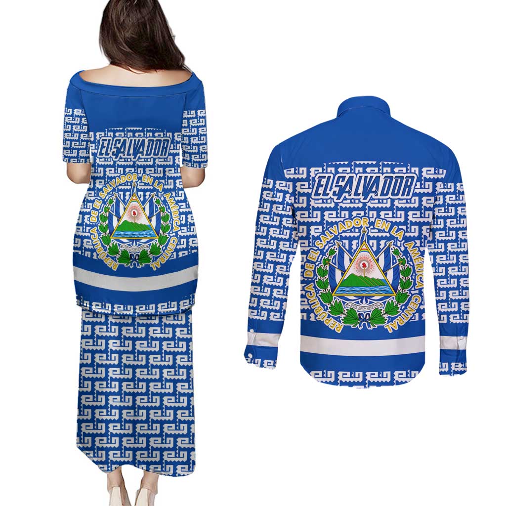 El Salvador Tribal Pattern Couples Matching Puletasi and Long Sleeve Button Shirt with National Coat of Arms and Blue White Theme - Wonder Print Shop