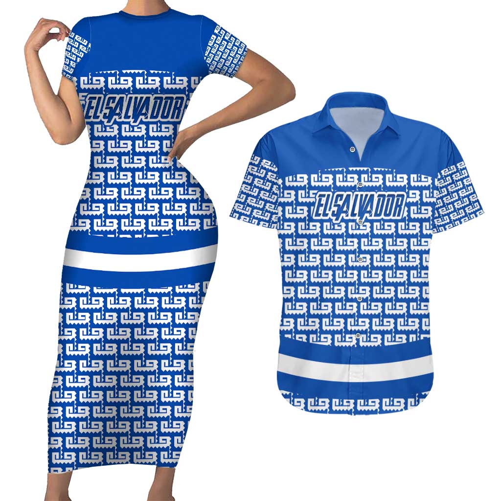 El Salvador Tribal Pattern Couples Matching Short Sleeve Bodycon Dress and Hawaiian Shirt with National Coat of Arms and Blue White Theme - Wonder Print Shop