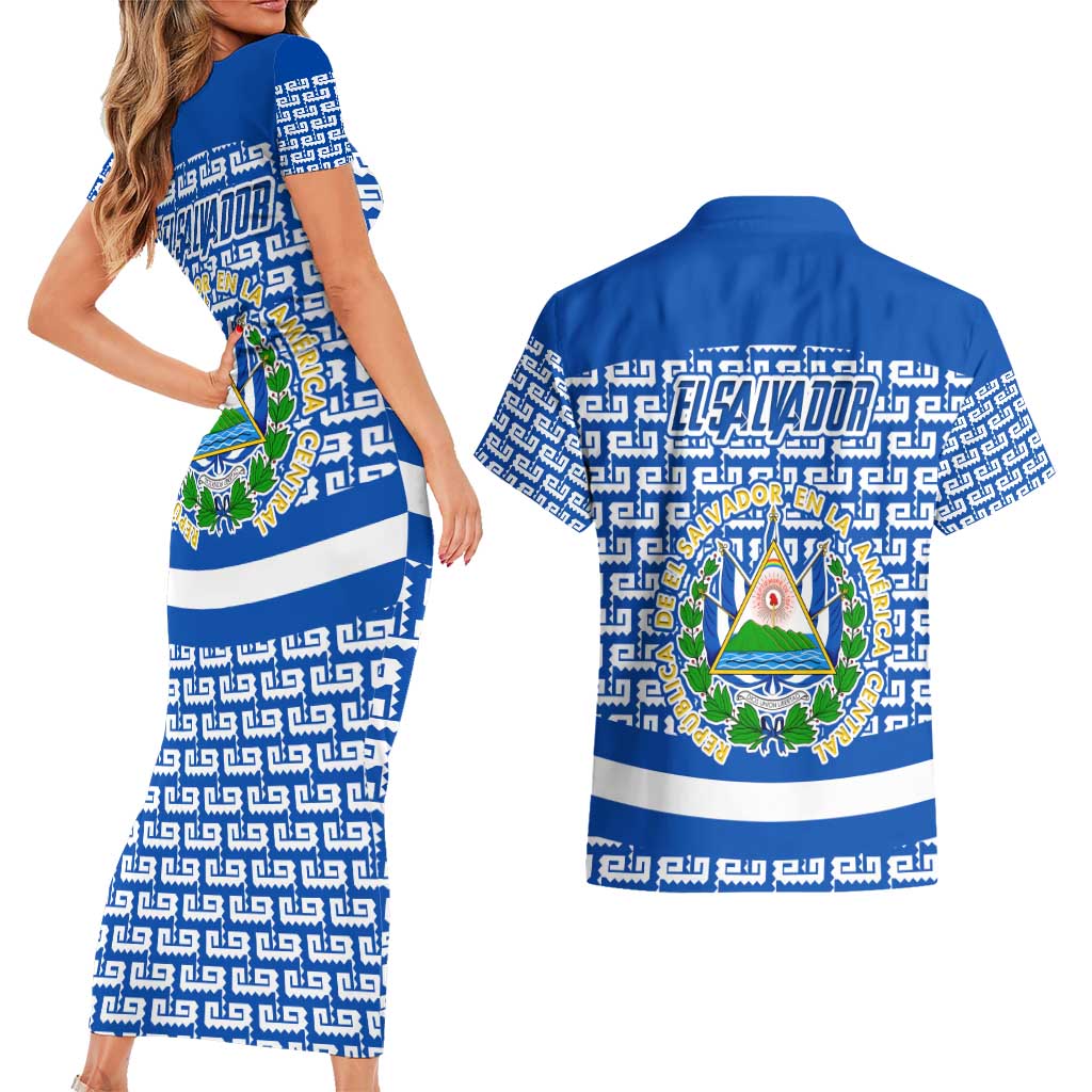 El Salvador Tribal Pattern Couples Matching Short Sleeve Bodycon Dress and Hawaiian Shirt with National Coat of Arms and Blue White Theme - Wonder Print Shop