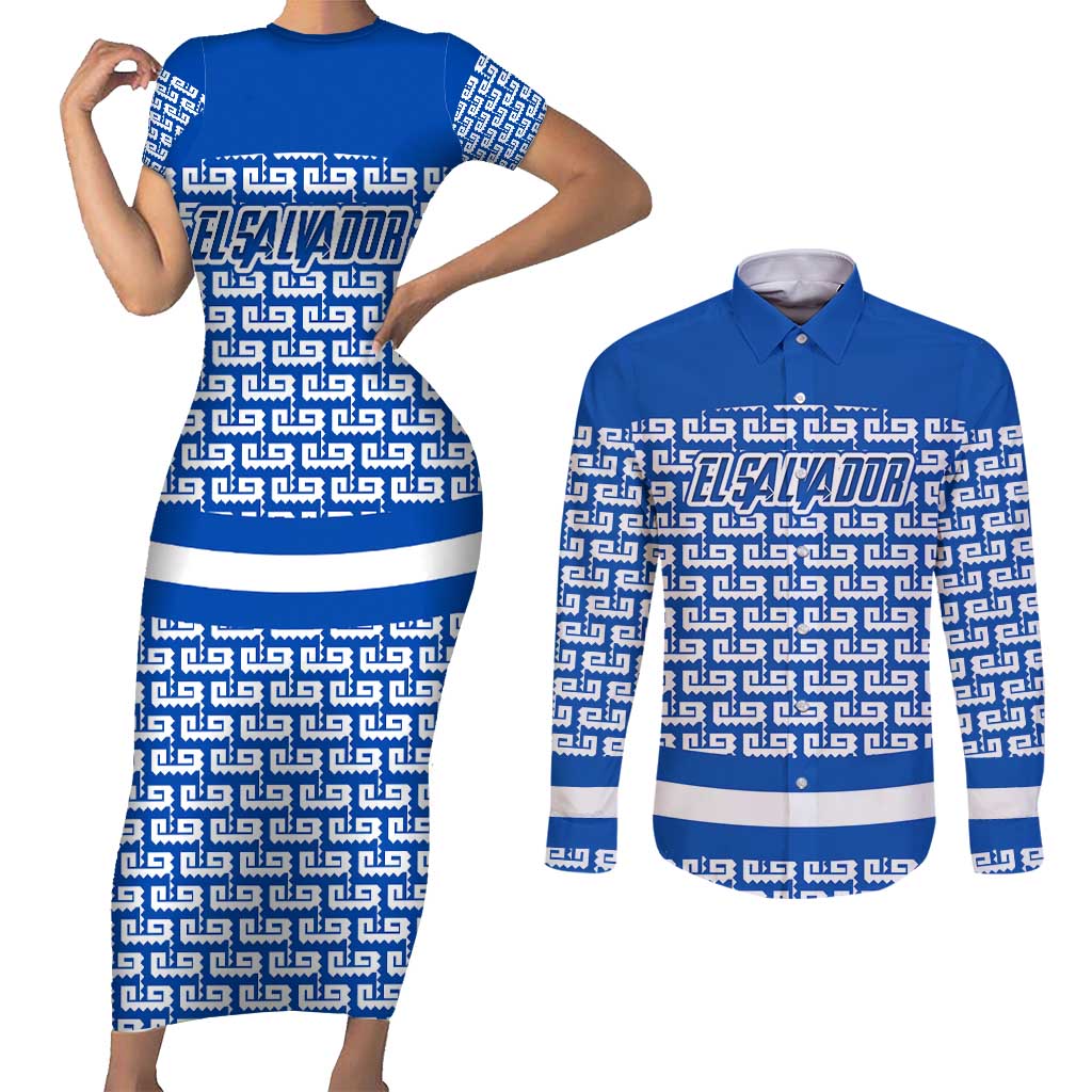 El Salvador Tribal Pattern Couples Matching Short Sleeve Bodycon Dress and Long Sleeve Button Shirt with National Coat of Arms and Blue White Theme - Wonder Print Shop
