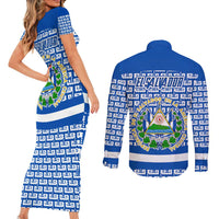 El Salvador Tribal Pattern Couples Matching Short Sleeve Bodycon Dress and Long Sleeve Button Shirt with National Coat of Arms and Blue White Theme - Wonder Print Shop