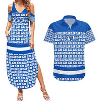 El Salvador Tribal Pattern Couples Matching Summer Maxi Dress and Hawaiian Shirt with National Coat of Arms and Blue White Theme - Wonder Print Shop
