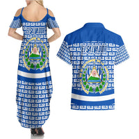 El Salvador Tribal Pattern Couples Matching Summer Maxi Dress and Hawaiian Shirt with National Coat of Arms and Blue White Theme - Wonder Print Shop