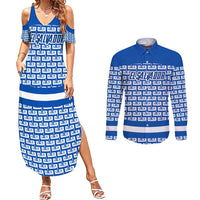 El Salvador Tribal Pattern Couples Matching Summer Maxi Dress and Long Sleeve Button Shirt with National Coat of Arms and Blue White Theme - Wonder Print Shop