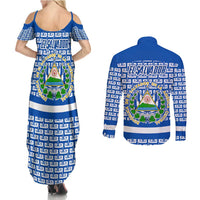 El Salvador Tribal Pattern Couples Matching Summer Maxi Dress and Long Sleeve Button Shirt with National Coat of Arms and Blue White Theme - Wonder Print Shop