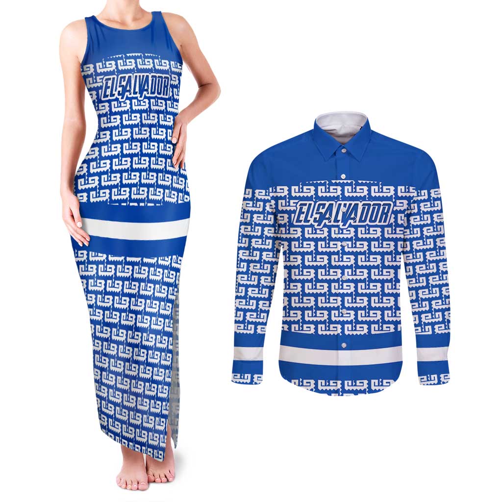 El Salvador Tribal Pattern Couples Matching Tank Maxi Dress and Long Sleeve Button Shirt with National Coat of Arms and Blue White Theme - Wonder Print Shop