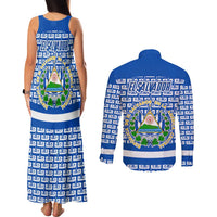 El Salvador Tribal Pattern Couples Matching Tank Maxi Dress and Long Sleeve Button Shirt with National Coat of Arms and Blue White Theme - Wonder Print Shop