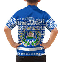 El Salvador Tribal Pattern Family Matching Long Sleeve Bodycon Dress and Hawaiian Shirt with National Coat of Arms and Blue White Theme - Wonder Print Shop