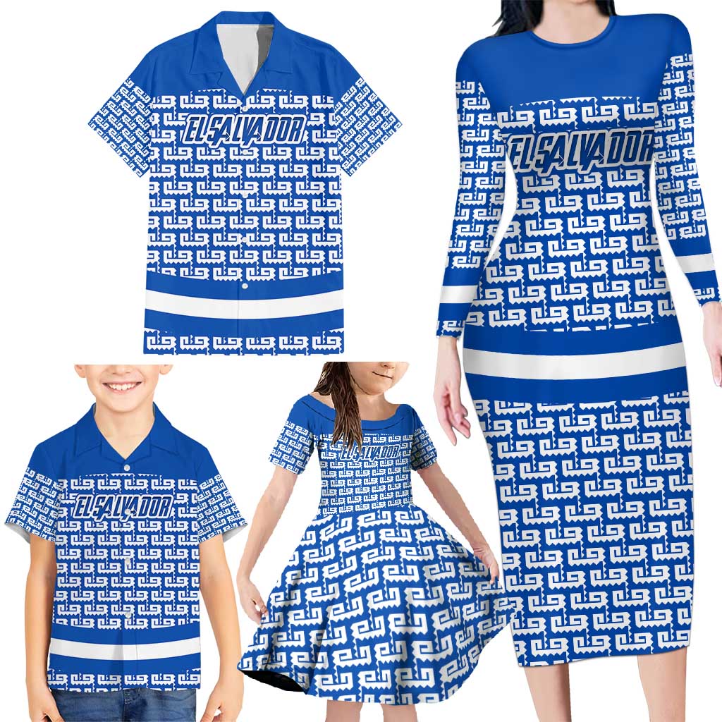El Salvador Tribal Pattern Family Matching Long Sleeve Bodycon Dress and Hawaiian Shirt with National Coat of Arms and Blue White Theme - Wonder Print Shop
