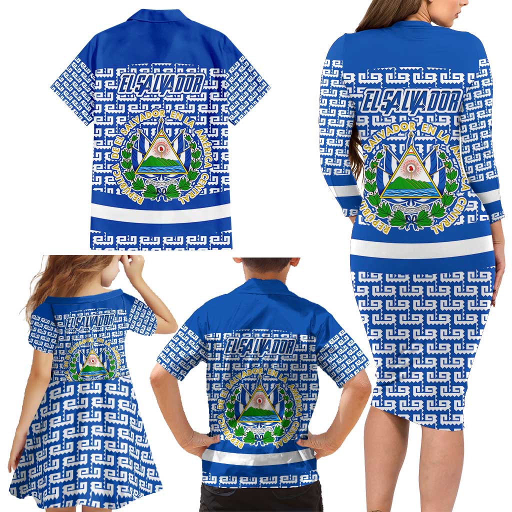 El Salvador Tribal Pattern Family Matching Long Sleeve Bodycon Dress and Hawaiian Shirt with National Coat of Arms and Blue White Theme - Wonder Print Shop