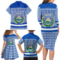 El Salvador Tribal Pattern Family Matching Long Sleeve Bodycon Dress and Hawaiian Shirt with National Coat of Arms and Blue White Theme - Wonder Print Shop