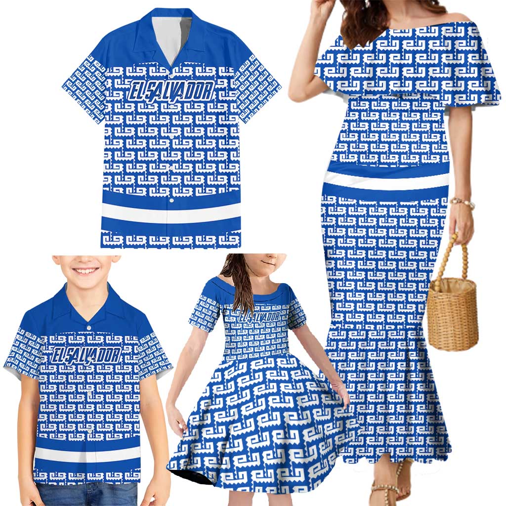 El Salvador Tribal Pattern Family Matching Mermaid Dress and Hawaiian Shirt with National Coat of Arms and Blue White Theme - Wonder Print Shop