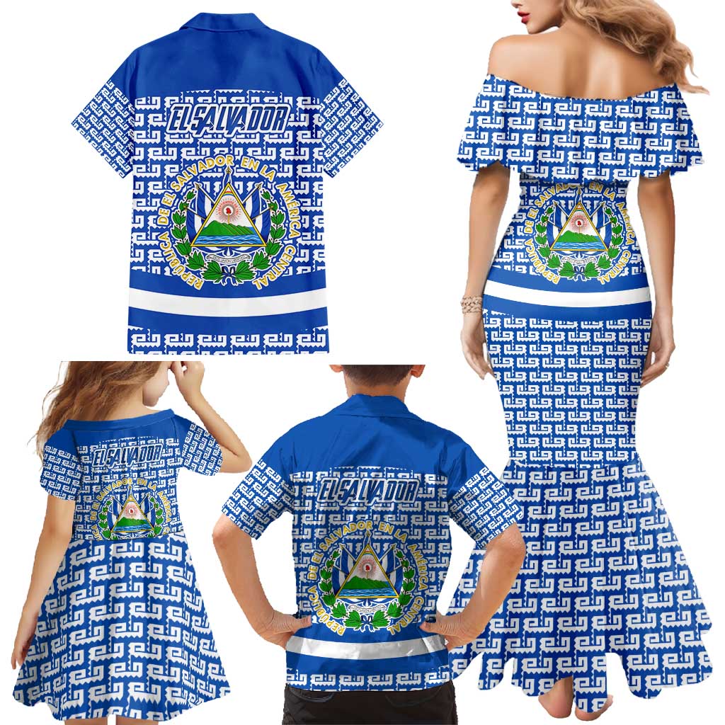 El Salvador Tribal Pattern Family Matching Mermaid Dress and Hawaiian Shirt with National Coat of Arms and Blue White Theme - Wonder Print Shop