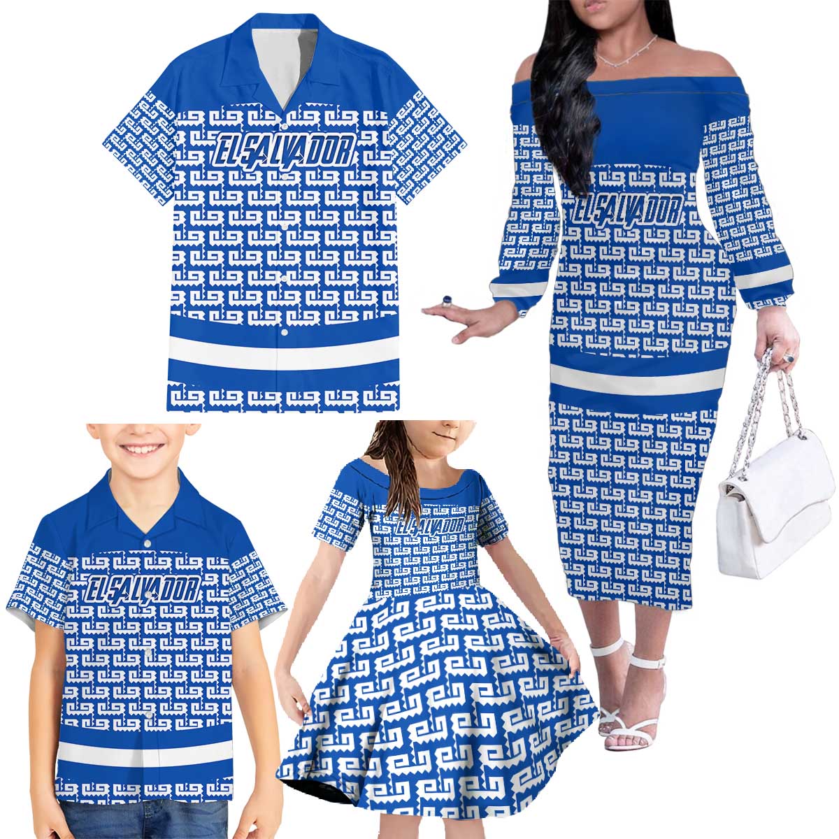 El Salvador Tribal Pattern Family Matching Off The Shoulder Long Sleeve Dress and Hawaiian Shirt with National Coat of Arms and Blue White Theme - Wonder Print Shop