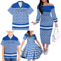El Salvador Tribal Pattern Family Matching Off The Shoulder Long Sleeve Dress and Hawaiian Shirt with National Coat of Arms and Blue White Theme - Wonder Print Shop