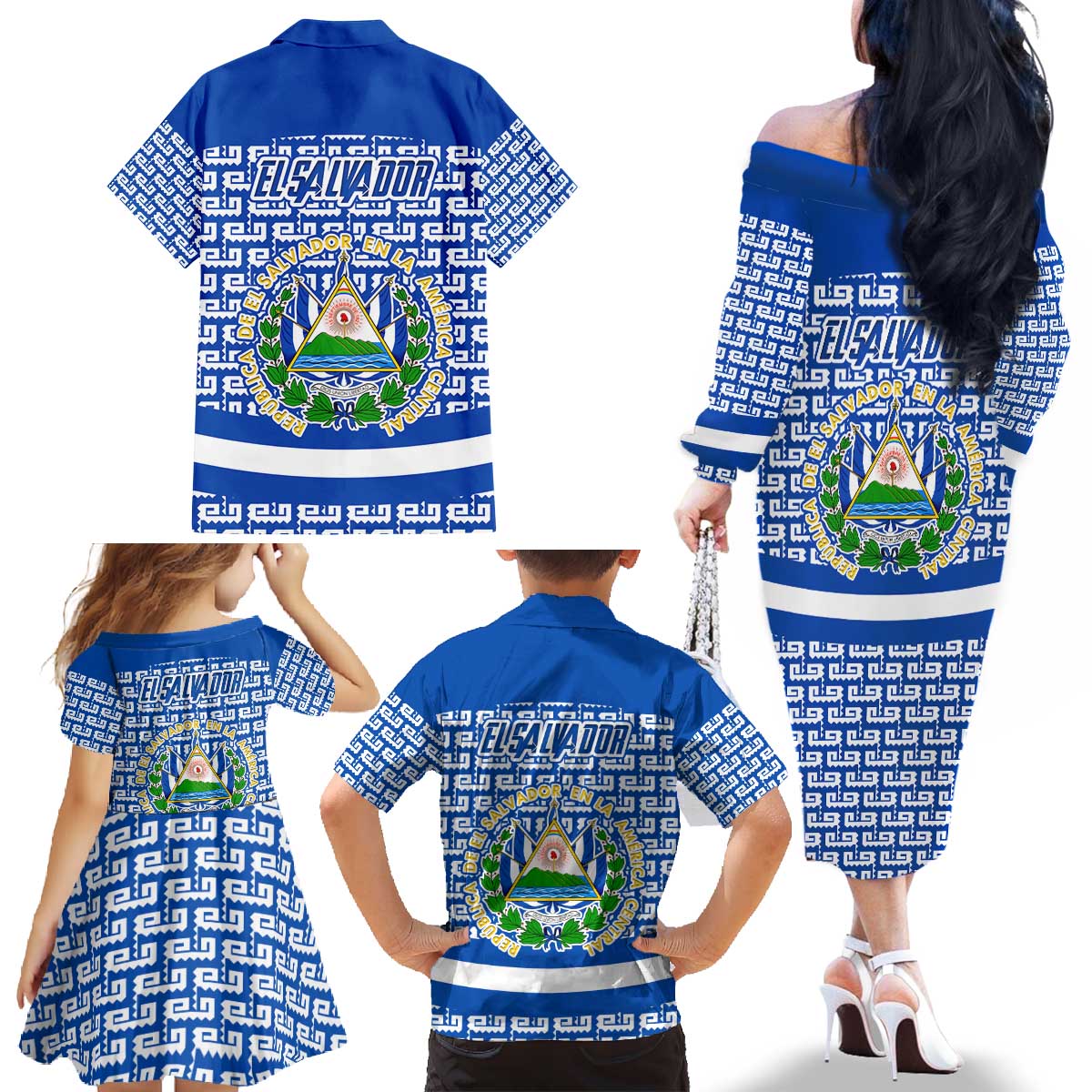 El Salvador Tribal Pattern Family Matching Off The Shoulder Long Sleeve Dress and Hawaiian Shirt with National Coat of Arms and Blue White Theme - Wonder Print Shop