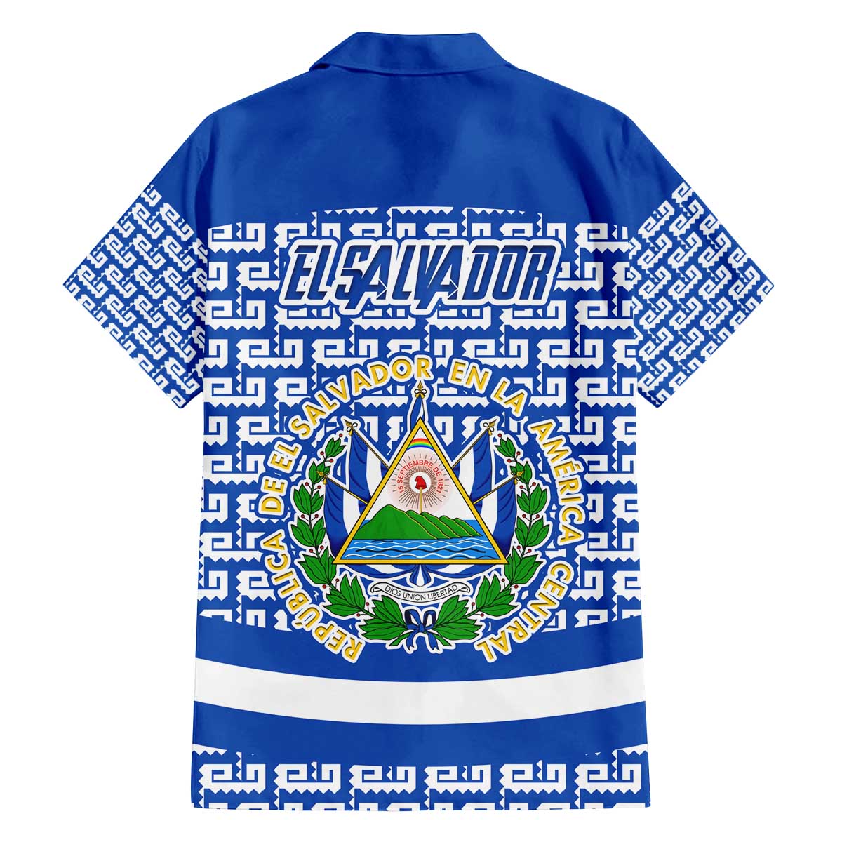 El Salvador Tribal Pattern Family Matching Off The Shoulder Long Sleeve Dress and Hawaiian Shirt with National Coat of Arms and Blue White Theme - Wonder Print Shop