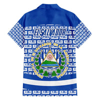 El Salvador Tribal Pattern Family Matching Off The Shoulder Long Sleeve Dress and Hawaiian Shirt with National Coat of Arms and Blue White Theme - Wonder Print Shop