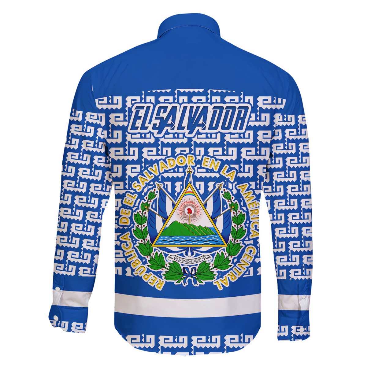 El Salvador Tribal Pattern Family Matching Off The Shoulder Long Sleeve Dress and Hawaiian Shirt with National Coat of Arms and Blue White Theme - Wonder Print Shop