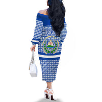 El Salvador Tribal Pattern Family Matching Off The Shoulder Long Sleeve Dress and Hawaiian Shirt with National Coat of Arms and Blue White Theme - Wonder Print Shop